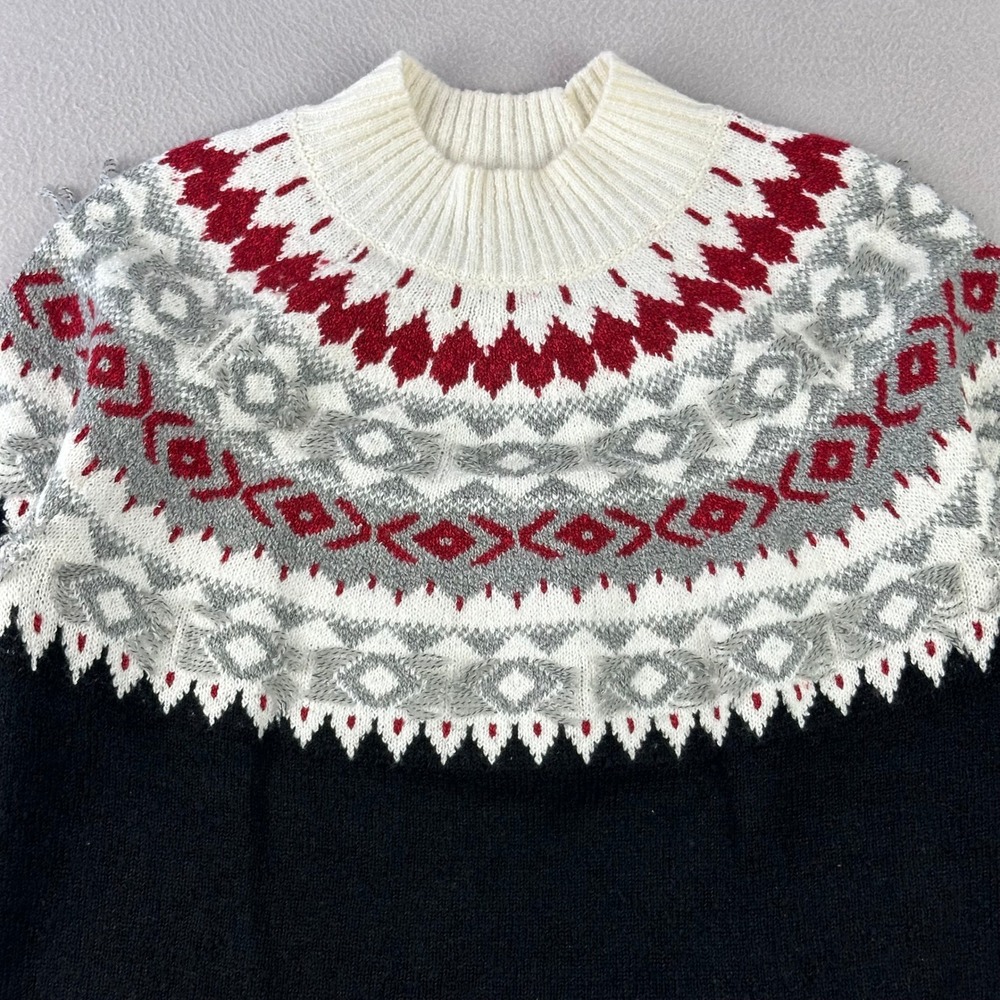 J.Jill Sweater Women M Black Red Nordic Pullover Fair Isle Mock Neck Holiday - Picture 2 of 8